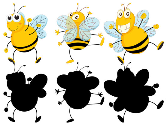 大黄蜂一组昆虫卡通人物和它的剪影在白色背景上蜜蜂虫子爬行