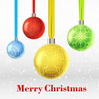 丝带圣诞快乐卡与四个彩色装饰饰品夏娃灯圣诞节