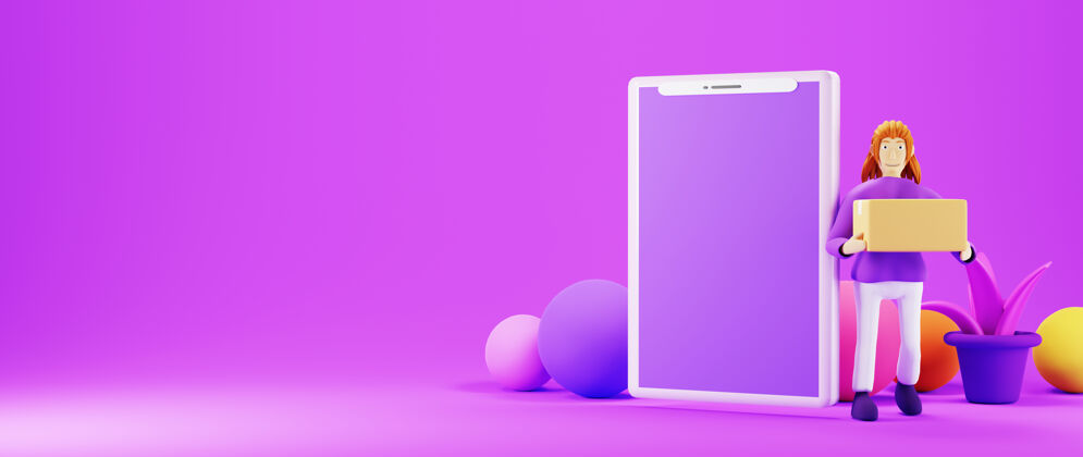 电子商务一个女人拿着一个盒子旁边的智能手机孤立的紫色背景横幅三维渲染移动数字应用程序