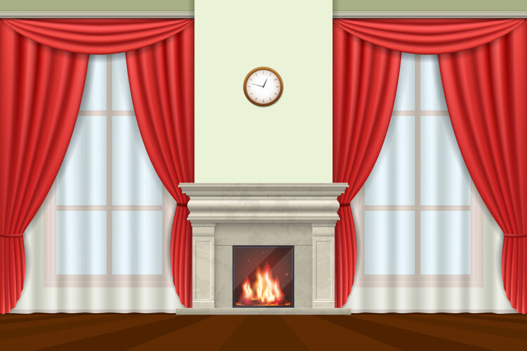 火焰经典内饰客厅内部有窗帘和壁炉空生活最小