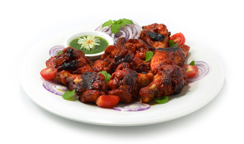 辣椒Tandoori鸡肉烤薄荷酱是一款经典的印度晚餐 将鸡翅浸泡在奶油酸奶中 混合香料装饰洋葱和蔬菜侧视图海洋传统烹饪