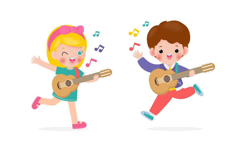女孩快乐的孩子们弹吉他卡通角色经典