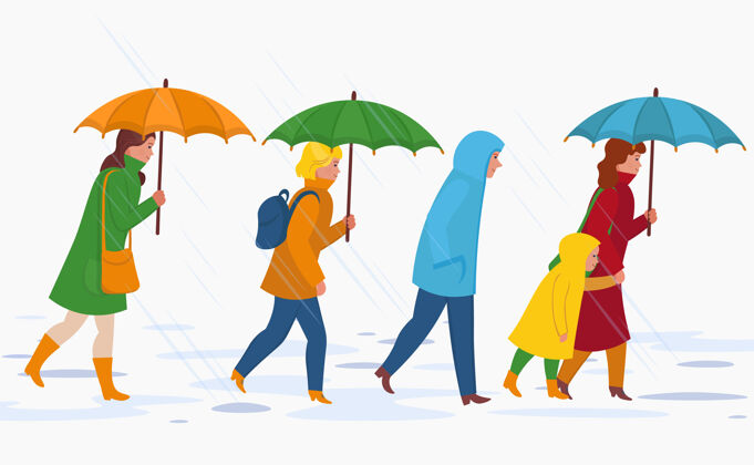 秋天人们打着伞 在雨中行走秋平漫画伞水女孩