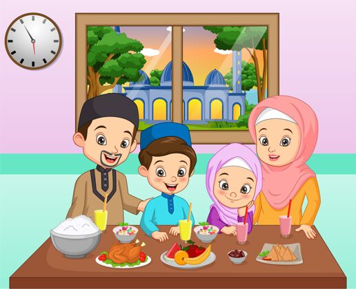 女孩卡通快乐家庭晚餐阿拉伯语庆典男孩