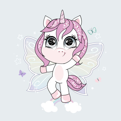 可爱可爱的小独角兽角色 蝴蝶翅膀在空中飞翔粉彩漫画动物