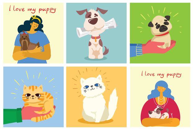 动物一套猫和狗在平面风格的卡片狗猫卡通