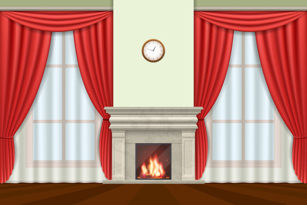 火焰经典内饰客厅内部有窗帘和壁炉空生活最小