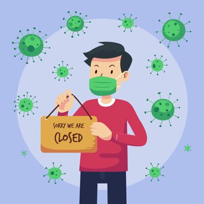 感染有机平面的人挂一个封闭的招牌插图由于冠状病毒个人病有机