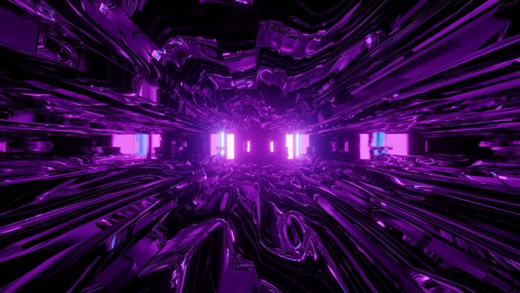 几何用明亮的紫色霓虹灯照亮的曲线和线条装饰隧道抽象背景的三维插图艺术形状4k