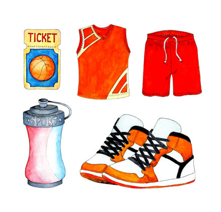 运动器材篮球水彩套装短裤和t恤 制服 运动鞋和运动水瓶吉祥物瓶子门票