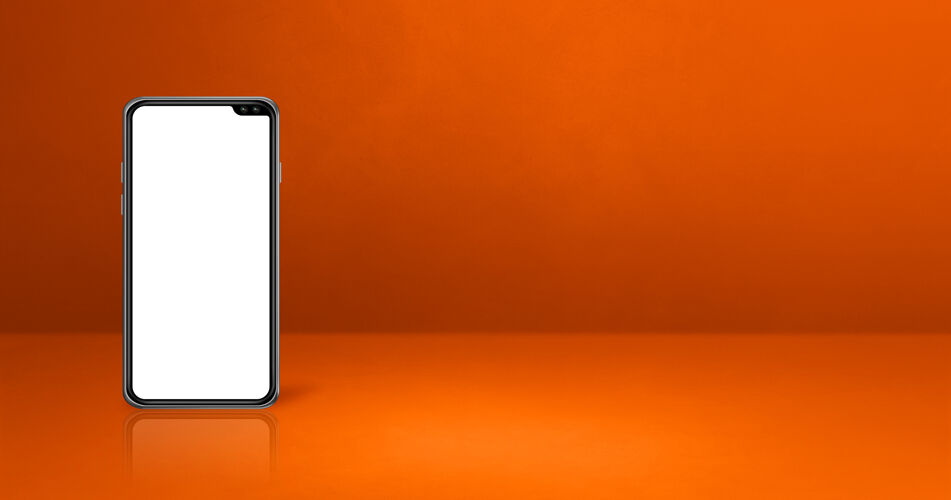 场景橙色办公桌上的手机水平背景横幅3d插图色彩空白屏幕