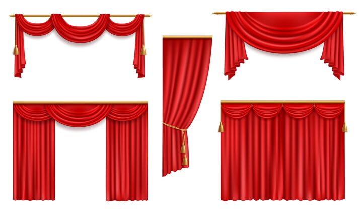经典逼真的窗帘 3d红色折叠布 金色流苏和窗帘盒奢华丝绸窗帘