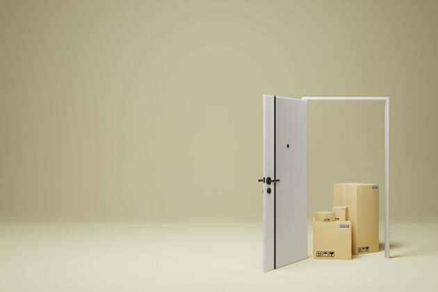 3d门和包裹箱作为快速交货的概念3d渲染邮件房间