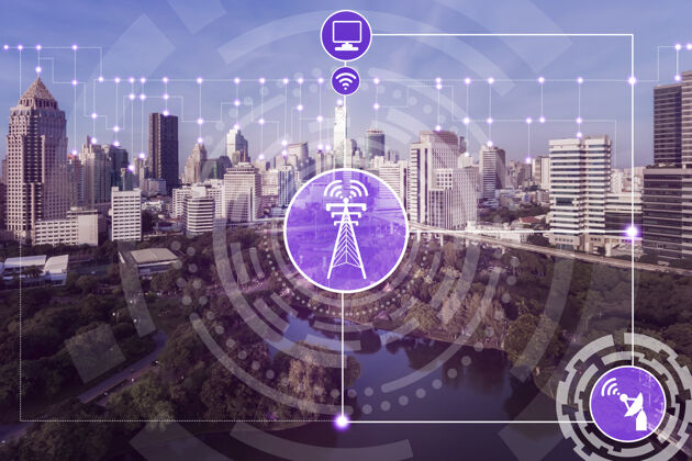 通信智能城市天际线与无线通信网络图标城市互联网Wifi