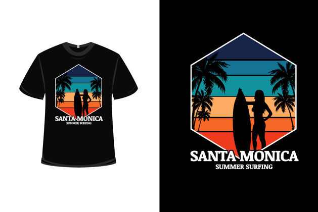 海浪T恤设计与圣莫尼卡夏季冲浪在蓝绿色和橙色冲浪者T恤设计蒙太奇