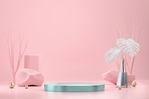 风格产品展示的抽象讲台 带一个花盆和粉红色工作室背景3d渲染装饰展示3d粉彩