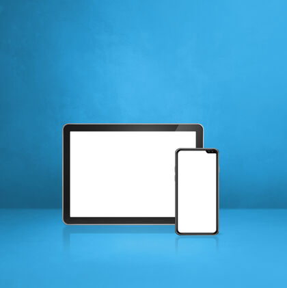 色彩蓝色办公桌上的移动电话和数字平板电脑3d插图空白空间反射数字平板电脑