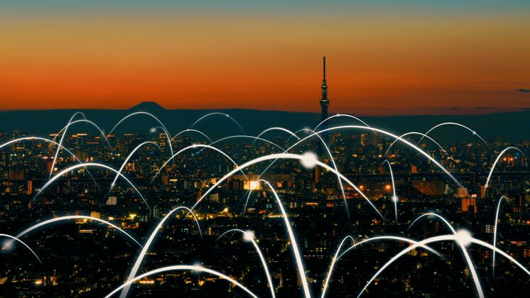 互联网全球化的智慧数字城市抽象图形展示连接网络电信网络无线