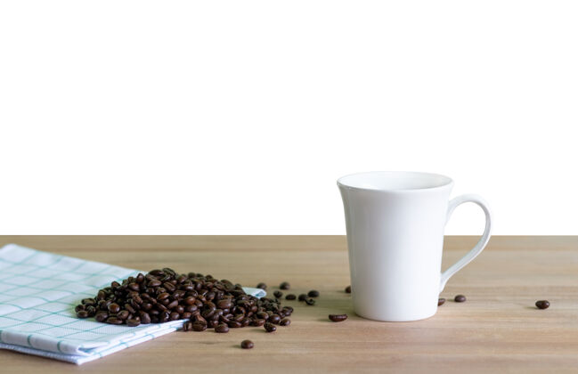 干燥木制咖啡杯烤咖啡豆孤立的背景饮料咖啡馆食物