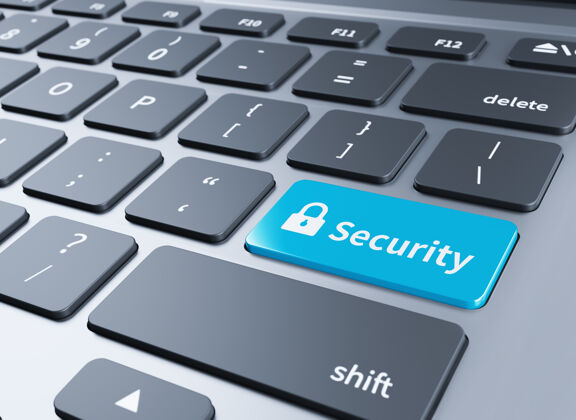 信息键盘上的蓝色安全按钮3d插图解锁网络隐私