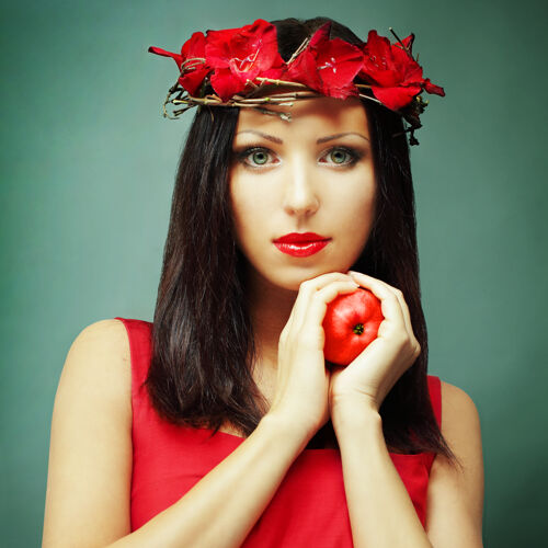 水果有健康苹果的迷人女人花肖像黑发