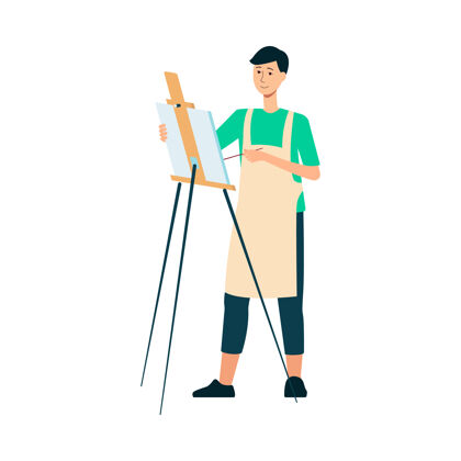 工作一位身穿围裙的深色画家用画笔在画架上画画围裙画架画笔