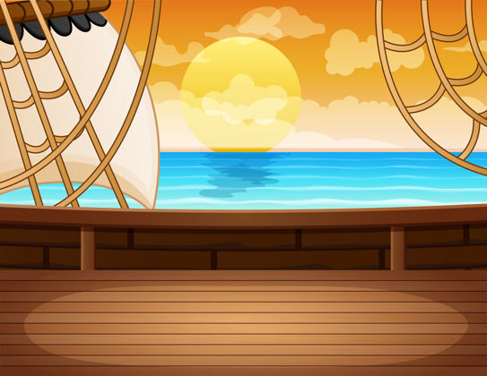 前面从海盗船木制甲板看海景船户外海洋