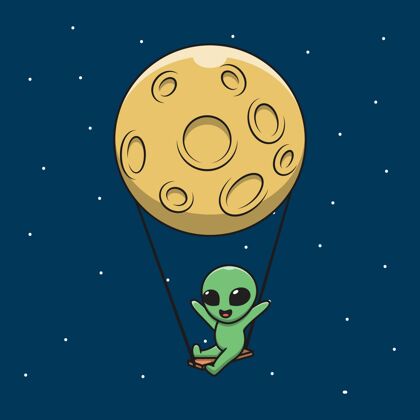 地球卡通快乐外星人在月球上荡秋千的插图太阳系星系行星
