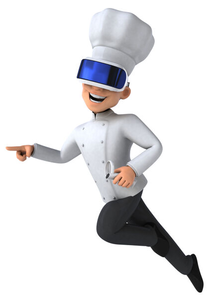 男人有趣的三维插图厨师与虚拟现实头盔电子3d设备