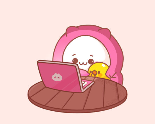 彩色猫和鸭子看电影的笔记本电脑卡通插图甜蜜孩子视频