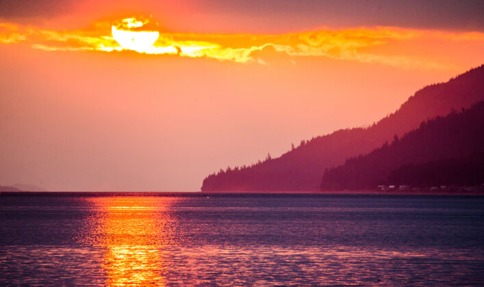 野生阿拉斯加峡湾上的日落摄影之旅海洋日落