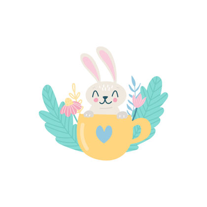 兔子可爱的复活节兔子在杯子里用鲜花和草药插画装饰花圈可爱