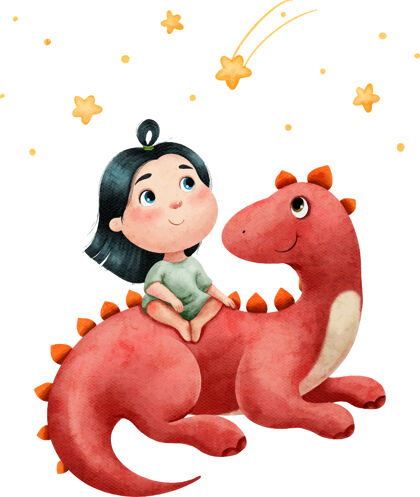 爬行动物一个小女孩的水彩插图是一只大红色恐龙的朋友善良可爱明星