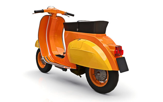 摩托车复古欧洲橙色踏板车白色背景三维渲染城市旧的车轮
