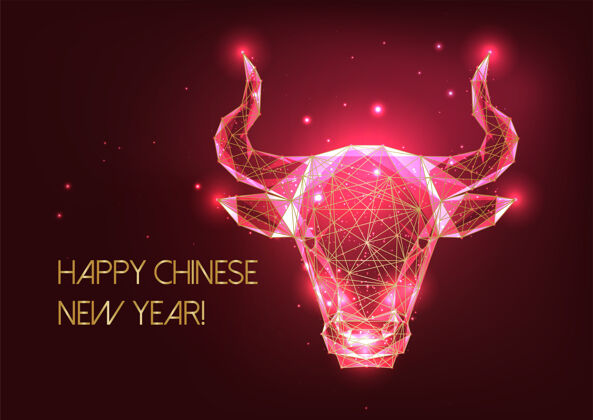 传统未来中国新年贺卡模板与发光的金色低多边形牛占星术标志红色背景.现代线框网设计亚洲黄金低保利