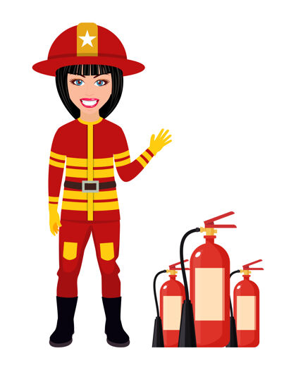 卡通快乐可爱聪明的消防队员角色穿着消防服 挥舞着隔离的消防头盔和灭火器制服设备服务