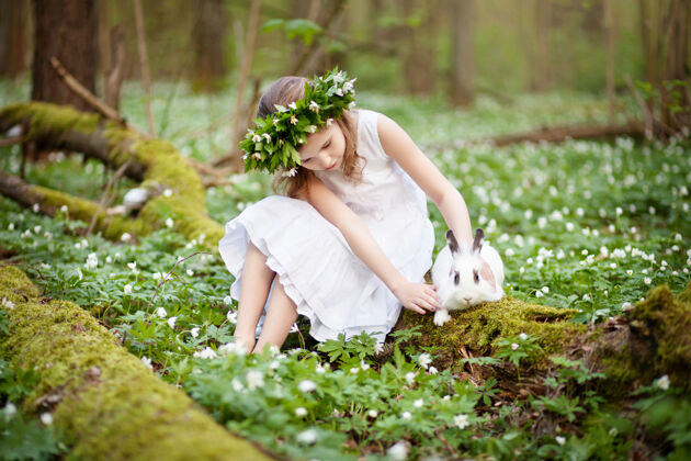 兔子穿着白色连衣裙的漂亮小女孩 在春天的树林里和白兔在一起衣服童年农场