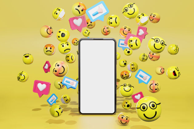 接收带卡通表情图标的智能手机 用于社交媒体3d渲染组乐趣人物