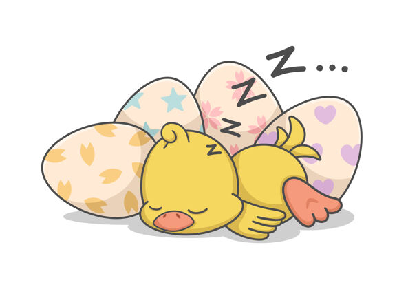 动物可爱的小鸡睡在复活节彩蛋旁边睡觉庆祝鸡