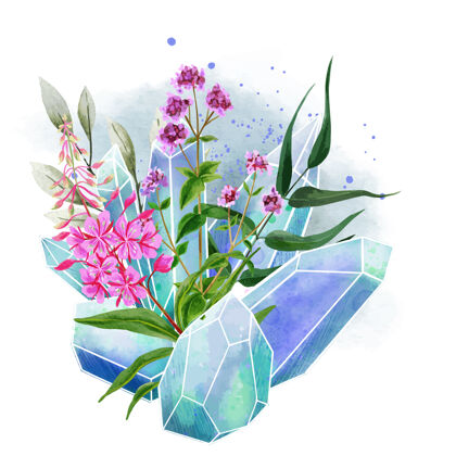 几何水晶宝石花卉插画设计附魔宝石水彩