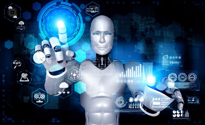 人类Ai仿人机器人触摸全息屏展示概念通信世界技术