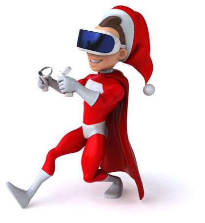 游戏有趣的三维插图超级圣诞老人与虚拟现实头盔圣诞老人圣诞节3d