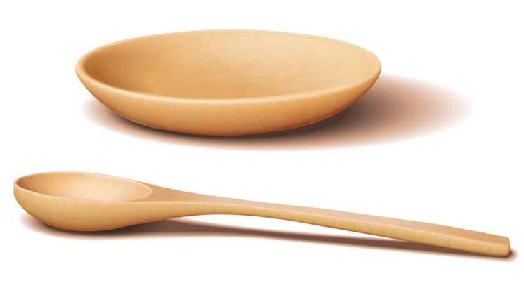 厨房浅棕色木碗和木勺与现实的阴影手工制作木材餐具