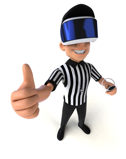 体验有趣的三维插图裁判与虚拟现实头盔球员人耳机