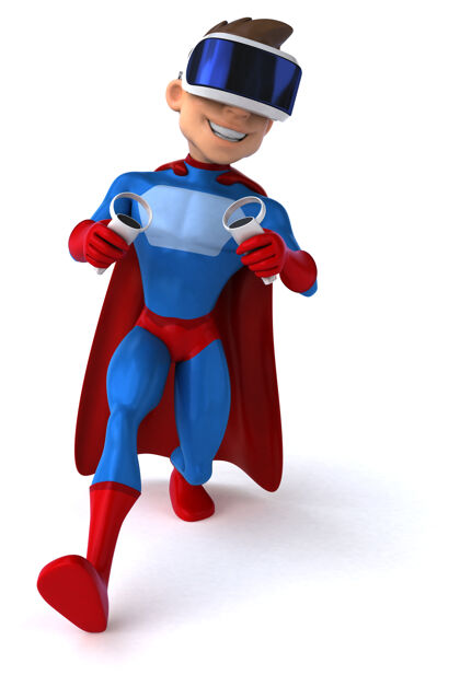 超级英雄一个超级英雄与虚拟现实头盔有趣的插图电子3d游戏
