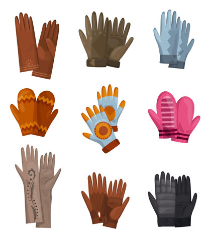 女人一套不同的手套和针织手套作为冬季或秋季的手戴网站皮革卡通