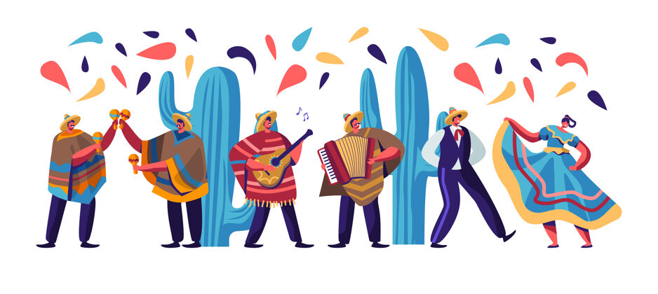快乐辛科梅奥节与墨西哥人在五颜六色的传统服装 音乐家与吉他 卡通平面插图墨西哥人节日帽子