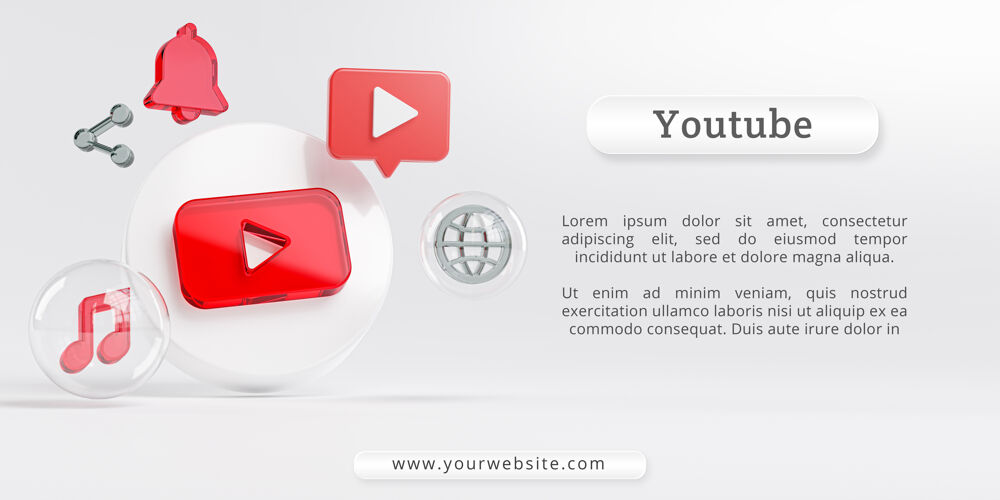 3dYoutube亚克力玻璃标志和社交媒体图标模板应用程序视频