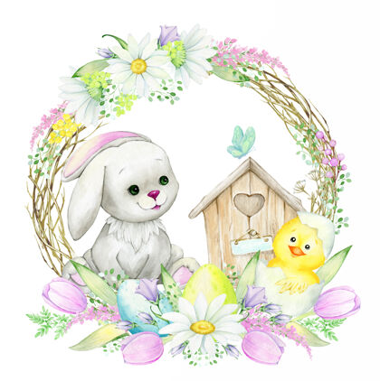动物可爱的兔子 小鸡 用树枝和树枝做成的圆框花卉.水彩概念 卡通风格鸡水彩自然