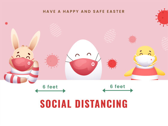 意识卡通兔子带蛋 小鸡戴着防护面具 在复活节之际保持社交距离面罩流行病爆发